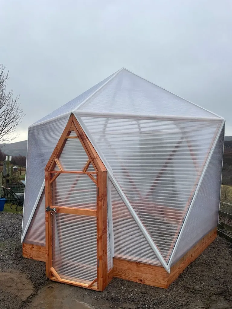 3.9m sitooterie dome - insulated geodesic structure with timber door frame, Scottish Highlands